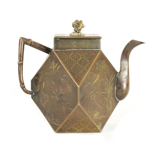 123 - A MEIJI PERIOD JAPANESE BRONZE TEAPOT of faceted form with shallow raised decoration depicting bloss... 