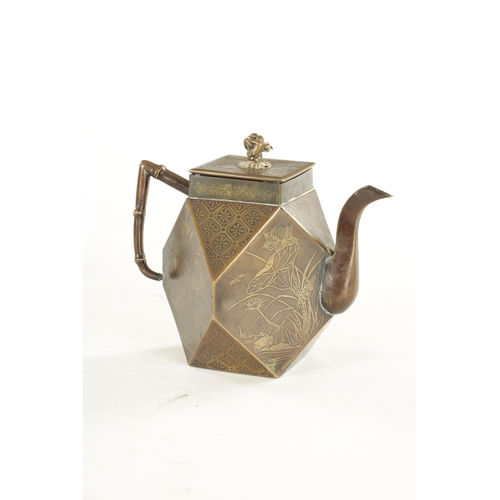 123 - A MEIJI PERIOD JAPANESE BRONZE TEAPOT of faceted form with shallow raised decoration depicting bloss... 