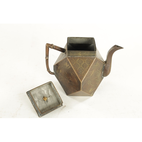 123 - A MEIJI PERIOD JAPANESE BRONZE TEAPOT of faceted form with shallow raised decoration depicting bloss... 