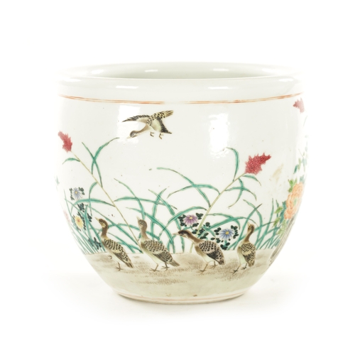 131 - A 19TH CENTURY CHINESE FAMILLE ROSE PORCELAIN JARDINIERE decorated with floral sprays and birds. (17... 