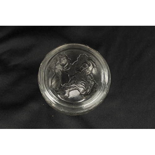 14 - A RENE LALIQUE CLEAR AND GREY STAINED SMALL GLASS POWDER BOX 'L'ORIGAN' the lid with two entwined fi... 