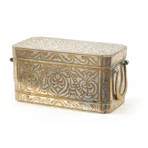 141 - A LATE 19TH CENTURY MARANOA SILVER INLAID BRONZE BETEL NUT BOX of rectangular form with canted corne... 