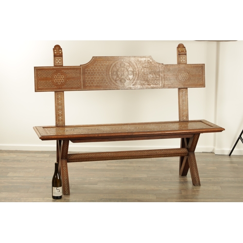 143 - A LATE 19TH CENTURY ANGLO INDIAN SANDEL WOOD AND BONE MARQUETRY HALL BENCH with profusely inlaid geo... 