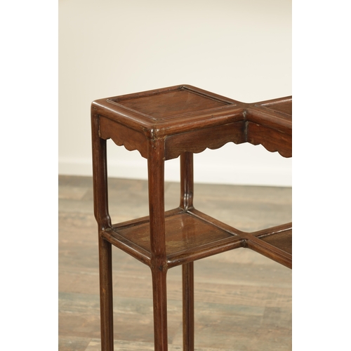 144 - AN UNUSUAL CHINESE HARDWOOD JARDINIERE STAND with a double interlinked top raised on turned-shaped l... 