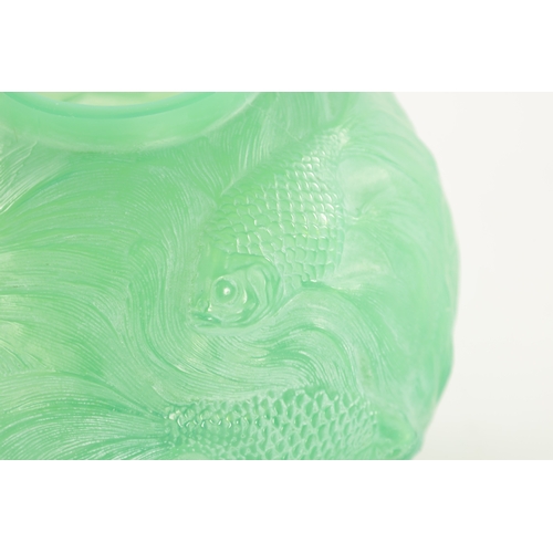 15 - A RENE LALIQUE JADE GREEN FORMOSE GLASS VASE highlighted with white staining - engraved signature R.... 