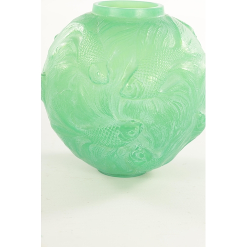 15 - A RENE LALIQUE JADE GREEN FORMOSE GLASS VASE highlighted with white staining - engraved signature R.... 