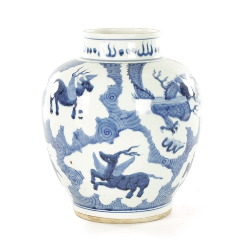 150 - A 19TH CENTURY CHINESE BLUE AND WHITE PORCELAIN GINGER JAR decorated with dragons and mythical creat... 