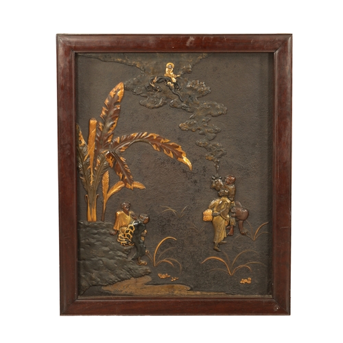 151 - A FINE JAPANESE MEIJI PERIOD BRONZE AND MIXED METAL HANGING PLAQUE relief decorated with figures and... 