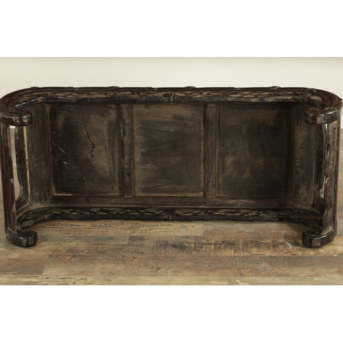 154 - A 19TH CENTURY CHINESE CARVED HARDWOOD ALTAR TABLE with faux bamboo carved front and scrolled sides.... 