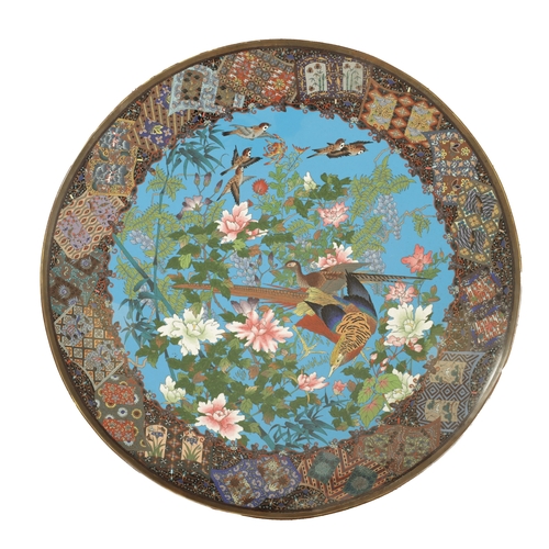 155 - A FINE OVER-SIZED LATE 19TH CENTURY JAPANESE CLOISONNE ENAMEL CHARGER of dished form with multi-deco... 