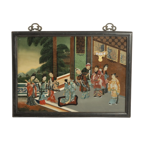 161 - A LATE 19TH CENTURY CHINESE REVERSE PAINTING ON GLASS figures in a garden setting - in ebonised moul... 