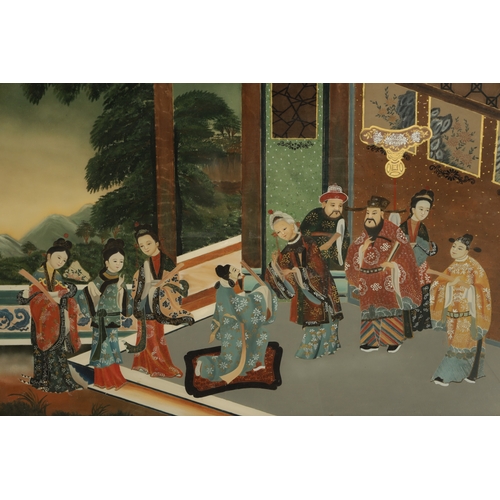 161 - A LATE 19TH CENTURY CHINESE REVERSE PAINTING ON GLASS figures in a garden setting - in ebonised moul... 