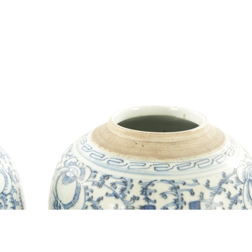 166 - A PAIR OF 19TH CENTURY CHINESE BLUE AND WHITE GINGER JARS with leaf work decoration (22cm high)