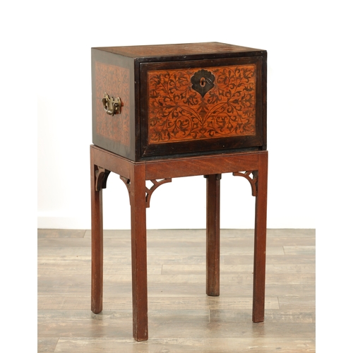 171 - AN 18TH CENTURY ANGLO PORTUGUESE ROSEWOOD AND FLORAL MARQUETRY INLAID CABINET ON LATER STAND with fa... 