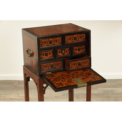 171 - AN 18TH CENTURY ANGLO PORTUGUESE ROSEWOOD AND FLORAL MARQUETRY INLAID CABINET ON LATER STAND with fa... 