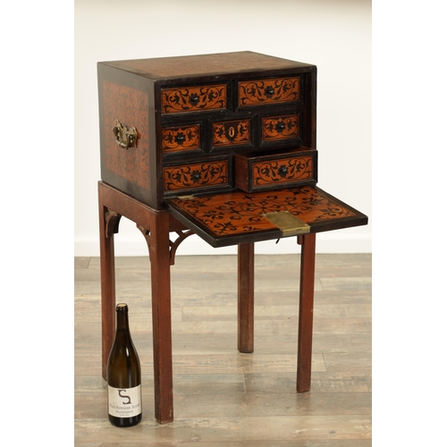 171 - AN 18TH CENTURY ANGLO PORTUGUESE ROSEWOOD AND FLORAL MARQUETRY INLAID CABINET ON LATER STAND with fa... 