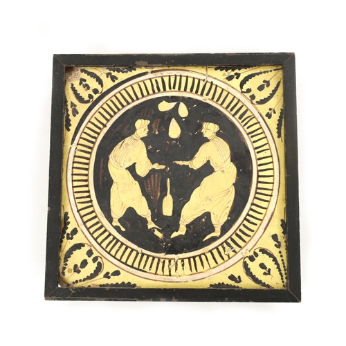 180 - AN 18TH CENTURY EARTHENWARE EASTERN ISLAMIC PLAQUE having a figural centre with leaf-painted corners... 