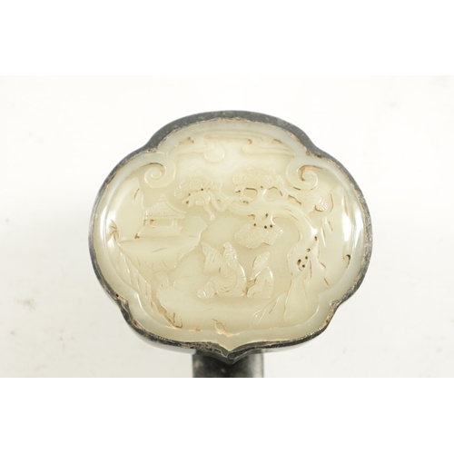 182 - A 19TH CENTURY CHINESE CARVED JADE AND SAGE JADE RUYI SCEPTER decorated in relief with carved landsc... 