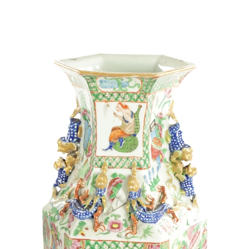 188 - A GOOD PAIR OF 19TH CENTURY CHINESE CANTONESE HEXAGONAL-SHAPED VASES decorated with brightly coloure... 