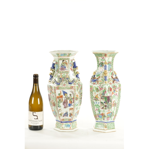 188 - A GOOD PAIR OF 19TH CENTURY CHINESE CANTONESE HEXAGONAL-SHAPED VASES decorated with brightly coloure... 