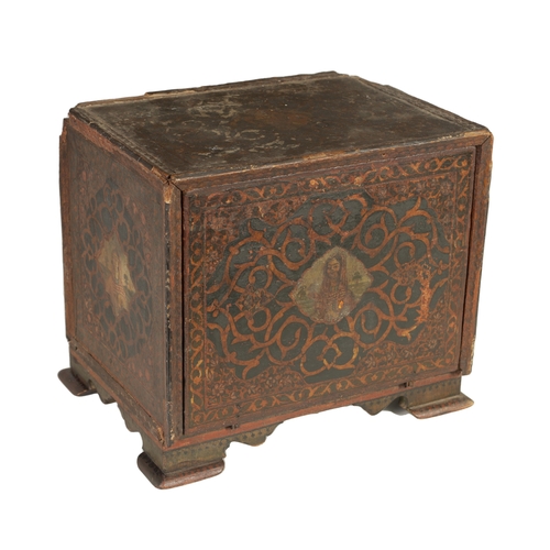 190 - A 17TH CENTURY ANGLO INDIAN TABLE CABINET with scroll and portrait decorated painted body; the hinge... 