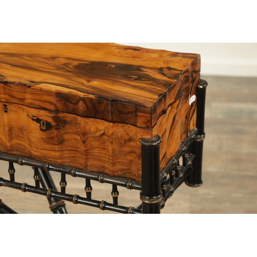 203 - AN EARLY 19TH CENTURY INDIAN COROMANDEL, IVORY AND EBONISED FITTED WORK BOX ON LATER STAND the scall... 