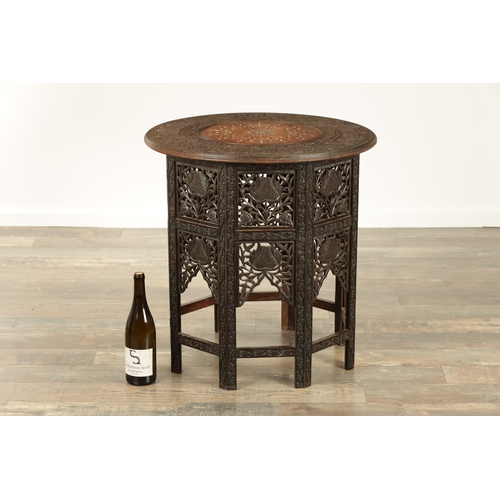 210 - A 19TH CENTURY ANGLO INDIAN CARVED HARDWOOD AND IVORY INLAID OCCASIONAL TABLE with geometric inlaid ... 