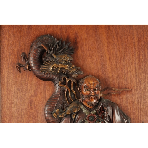 213 - A FINE JAPANESE MEIJI PERIOD RELIEF CARVED HARDWOOD, STONE AND MIXED METAL HANGING WALL PLAQUE depic... 