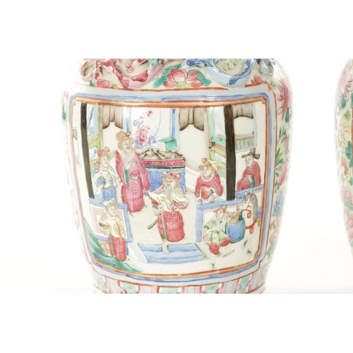 214 - A PAIR OF 19TH CENTURY CHINESE CANTONESE PORCELAIN VASES with famille rose colours depicting interio... 