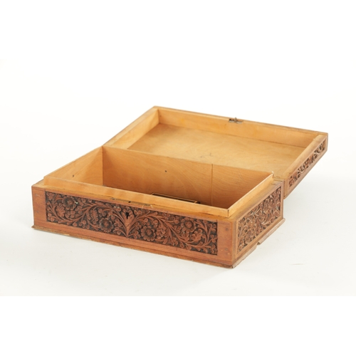 216 - A LATE 19TH CENTURY INDIAN SANDALWOOD BOX AND CARD CASE the shallow body profusely inlaid with leaf-... 