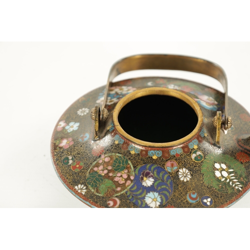 218 - A LATE 19TH CENTURY JAPANESE CLOISONNE ENAMEL SHALLOW TEA KETTLE of circular flattened form on three... 