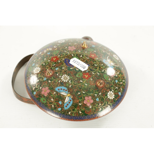 218 - A LATE 19TH CENTURY JAPANESE CLOISONNE ENAMEL SHALLOW TEA KETTLE of circular flattened form on three... 