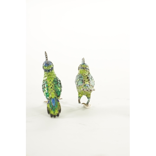 220 - A PAIR OF 19TH CENTURY CHINESE SILVER AND COLOURED ENAMEL BIRDS one (AF) (6cm high)