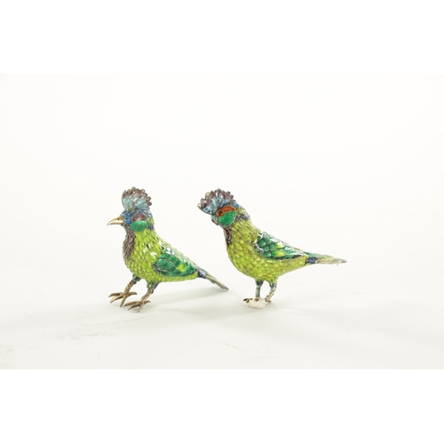 220 - A PAIR OF 19TH CENTURY CHINESE SILVER AND COLOURED ENAMEL BIRDS one (AF) (6cm high)