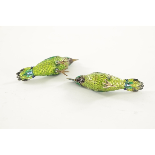 220 - A PAIR OF 19TH CENTURY CHINESE SILVER AND COLOURED ENAMEL BIRDS one (AF) (6cm high)