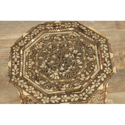 221 - AN 18TH / 19TH CENTURY CARVED HARDWOOD INLAID MOTHER OF PEARL AND BONE ISLAMIC OCTAGONAL OCCASIONAL ... 