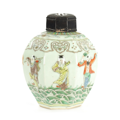 222 - A LATE 19TH CENTURY CHINESE CELADON GLAZE OCTAGONAL GINGER JAR decorated with relief moulded figural... 