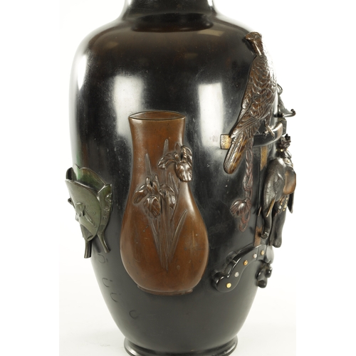 225 - A LARGE MEIJI PERIOD JAPANESE PATINATED BRONZE AND MIXED METAL HALL VASE by Genryusai Seiya, the bod... 