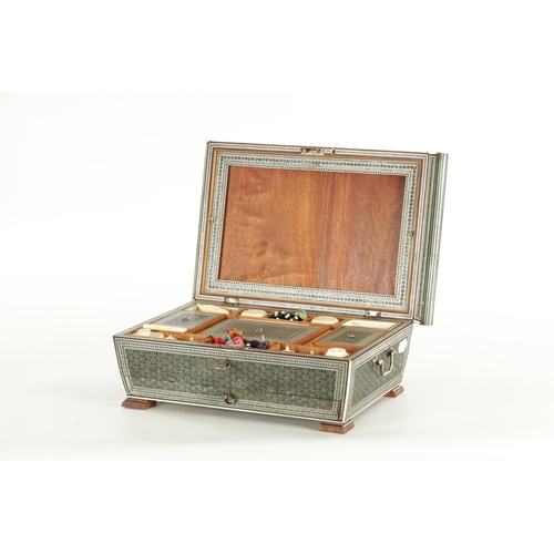 233 - A FINE 19TH CENTURY INDIAN MICROMOSAIC AND IVORY-FITTED SEWING BOX of sarcophagus shape with side ha... 