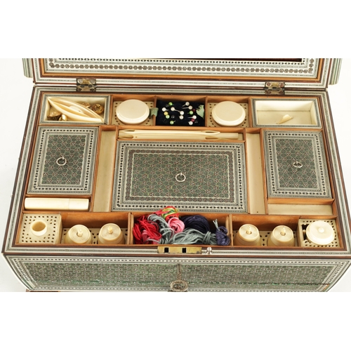 233 - A FINE 19TH CENTURY INDIAN MICROMOSAIC AND IVORY-FITTED SEWING BOX of sarcophagus shape with side ha... 