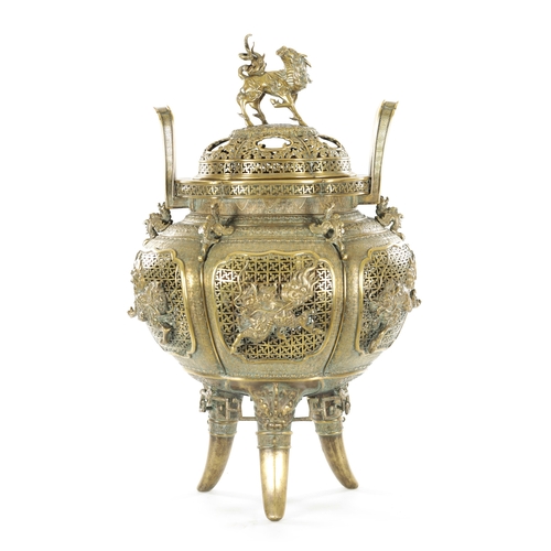 234 - AN IMPRESSIVE LARGE SIZED 19TH CENTURY GILT BRONZE CHINESE CENSER with pierced panelled sides raised... 