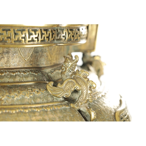 234 - AN IMPRESSIVE LARGE SIZED 19TH CENTURY GILT BRONZE CHINESE CENSER with pierced panelled sides raised... 