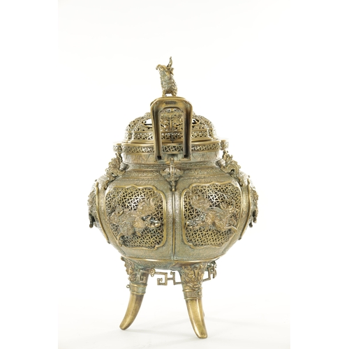 234 - AN IMPRESSIVE LARGE SIZED 19TH CENTURY GILT BRONZE CHINESE CENSER with pierced panelled sides raised... 