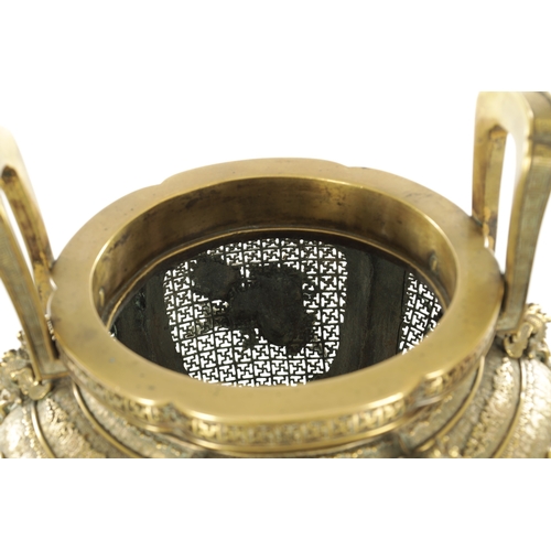 234 - AN IMPRESSIVE LARGE SIZED 19TH CENTURY GILT BRONZE CHINESE CENSER with pierced panelled sides raised... 