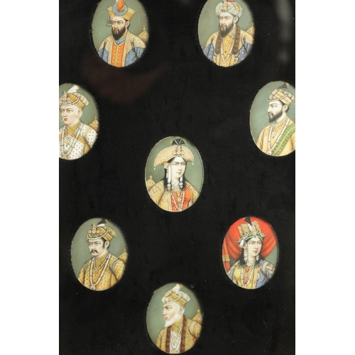 241 - A SET OF 19TH CENTURY INDIAN MINIATURE PORTRAITS ON IVORY of Raj Emperors and Consorts mounted in a ... 