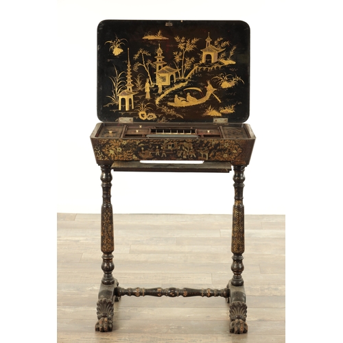 243 - A 19TH CENTURY CHINESE EXPORT CANTONESE LAQUCERED WORK TABLE with chinoiserie decoration having a hi... 