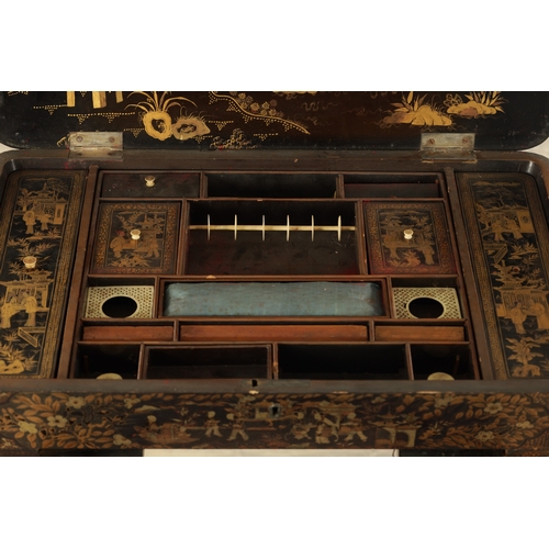 243 - A 19TH CENTURY CHINESE EXPORT CANTONESE LAQUCERED WORK TABLE with chinoiserie decoration having a hi... 