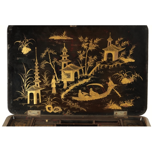 243 - A 19TH CENTURY CHINESE EXPORT CANTONESE LAQUCERED WORK TABLE with chinoiserie decoration having a hi... 