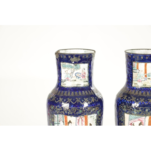 256 - A PAIR OF 18TH CENTURY CHINESE ENAMEL VASES with figural garden scenes (26.5cm high )