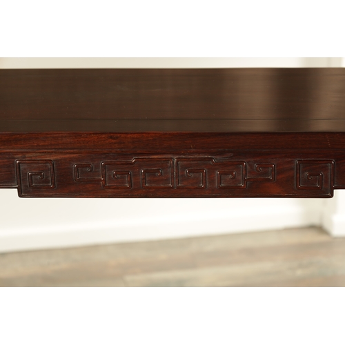 261 - A GOOD 19TH CENTURY CHINESE HARDWOOD ALTAR TABLE with panelled top above a shallow carved frieze; ra... 